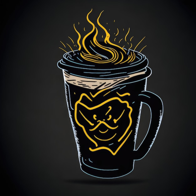 Eine Tasse Kaffee mit Flammen darauf und einem Gesicht an der Seite.
