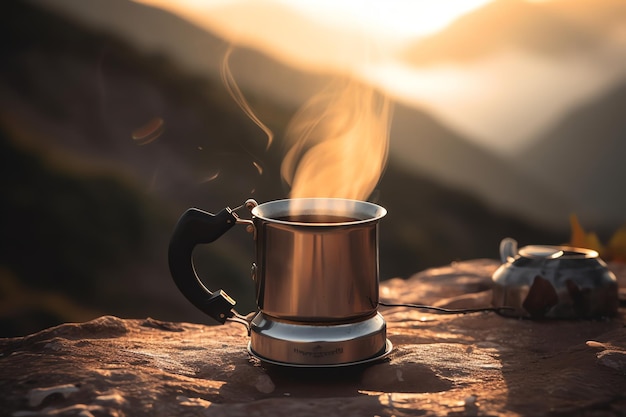 Eine Tasse Kaffee mit herrlichem Blick auf die Natur