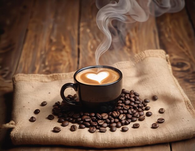 Eine Tasse Kaffee mit herzförmigem Rauch und Kaffeebohnen auf einem Sack