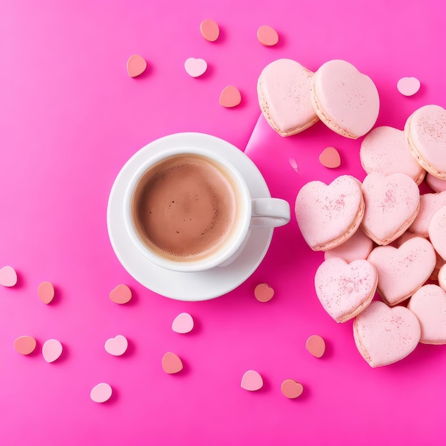 eine Tasse Kaffee mit herzförmigen Kekse auf einem rosa Hintergrund