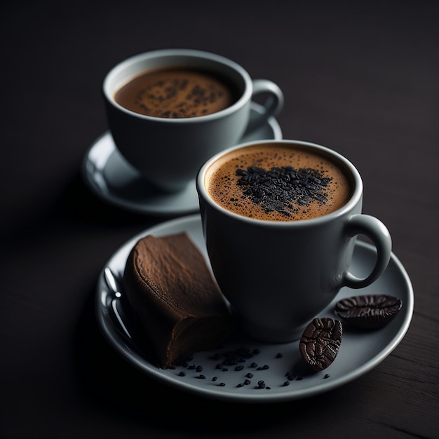 Eine Tasse Kaffee mit Kaffeebohnen auf einem dunklen Hintergrund des Tisches