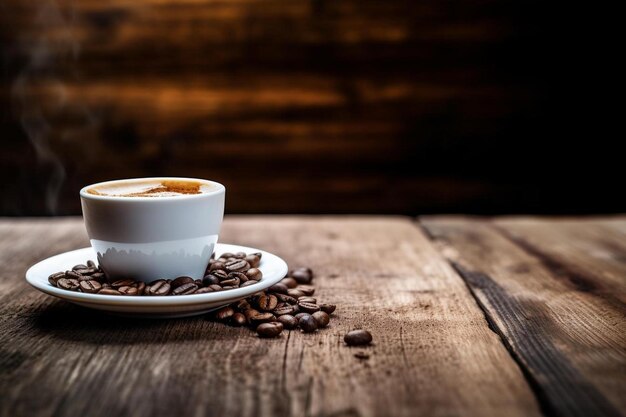 eine Tasse Kaffee mit Kaffeebohnen auf einem Holztisch