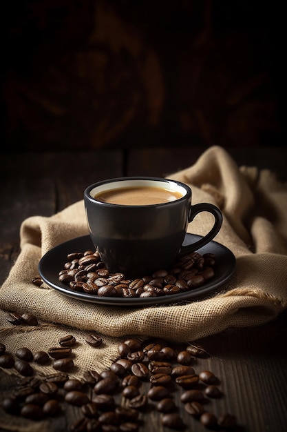 Eine Tasse Kaffee mit Kaffeebohnen auf einem Teller.