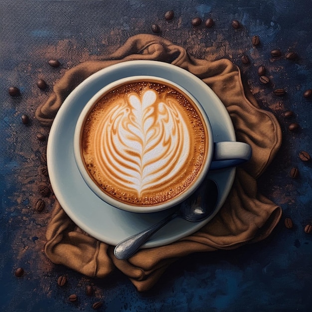 Eine Tasse Kaffee mit Latte Art darauf