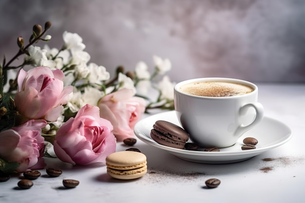 Eine Tasse Kaffee mit Makronen und Blumen