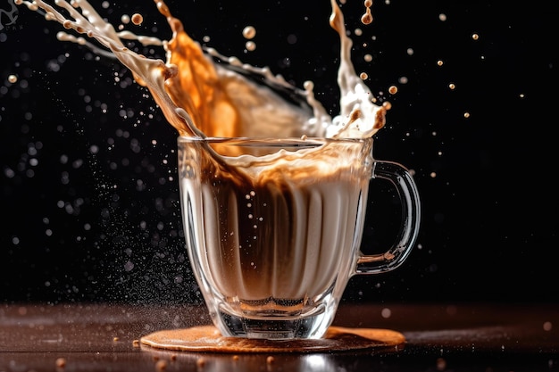 Foto eine tasse kaffee mit milch auf einem dunklen hintergrund generative ki-technologie