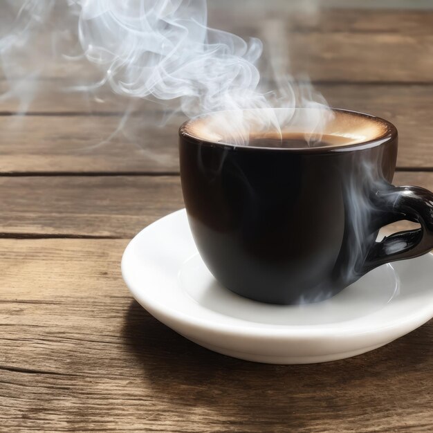 Eine Tasse Kaffee mit Rauch auf einem Holztisch