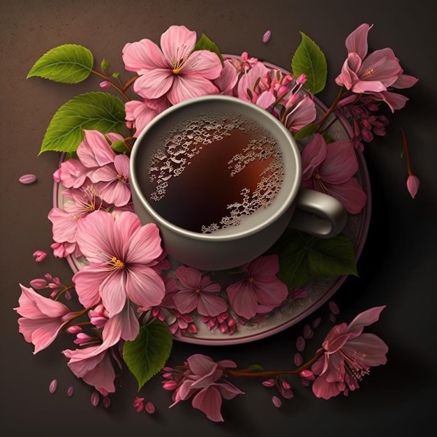 Eine Tasse Kaffee mit rosa Blumen auf einer Untertasse und eine Tasse Kaffee auf einer Untertasse.