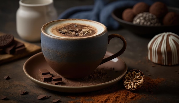 Eine Tasse Kaffee mit Schokolade und Nüssen auf einem Teller