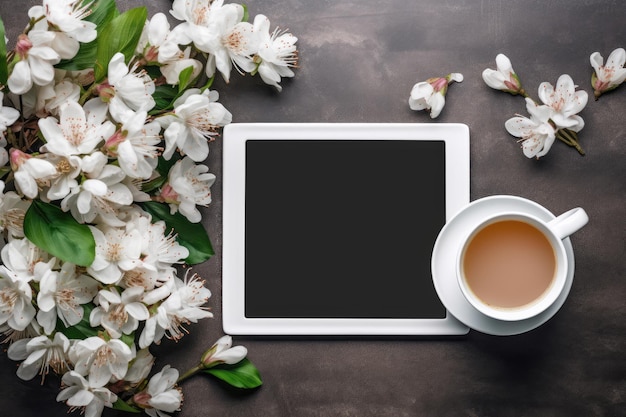 Eine Tasse Kaffee neben einem Tablet mit Blumen auf dem Tisch