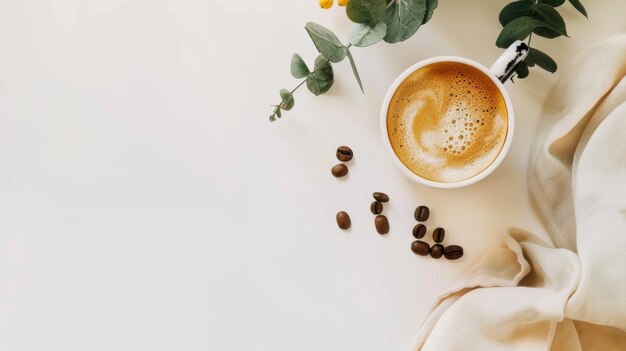 Eine Tasse Kaffee neben Kaffeebohnen