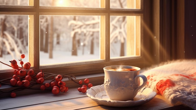Eine Tasse Kaffee sitzt auf dem Tisch neben dem Fenster