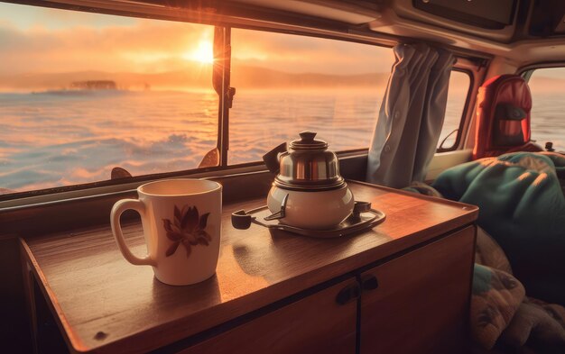 Eine Tasse Kaffee sitzt auf einem Boot, während die Sonne hinter ihr untergeht.