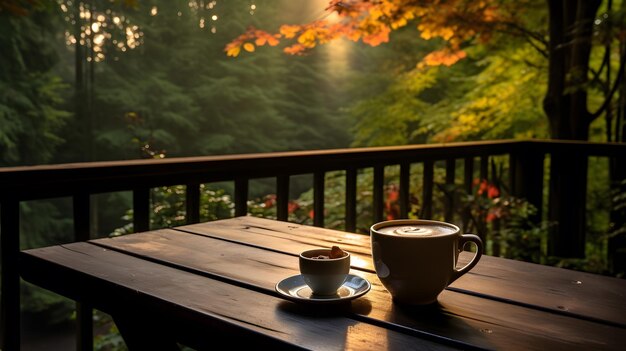 Eine Tasse Kaffee sitzt auf einem Holztisch