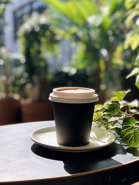 eine Tasse Kaffee sitzt auf einem Tisch vor einer Topfpflanze