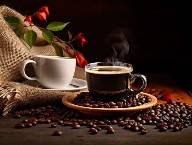 Eine Tasse Kaffee sitzt auf einer Schüssel mit Kaffeebohnen