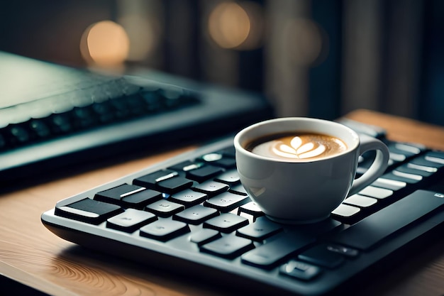 Eine Tasse Kaffee sitzt auf einer Tastatur mit einer Tastatur im Hintergrund.