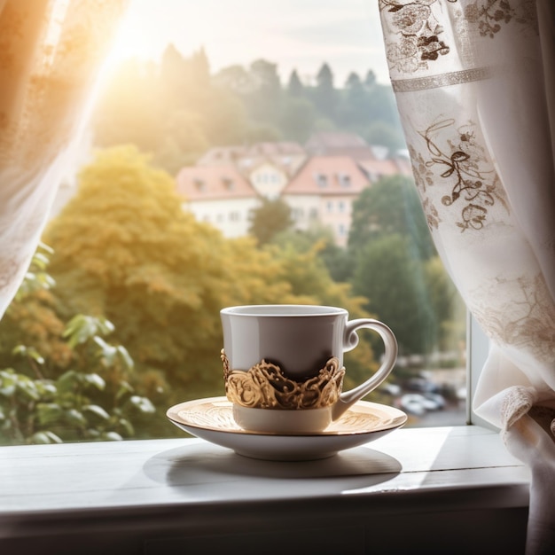 Eine Tasse Kaffee steht auf einem Fensterbrett mit Blick auf eine Stadt im Hintergrund.