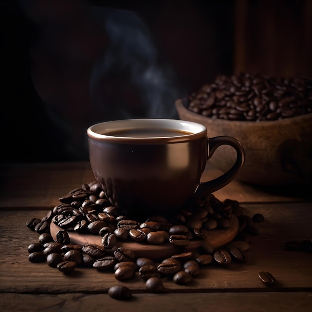 Eine Tasse Kaffee steht auf einem Haufen Kaffeebohnen.