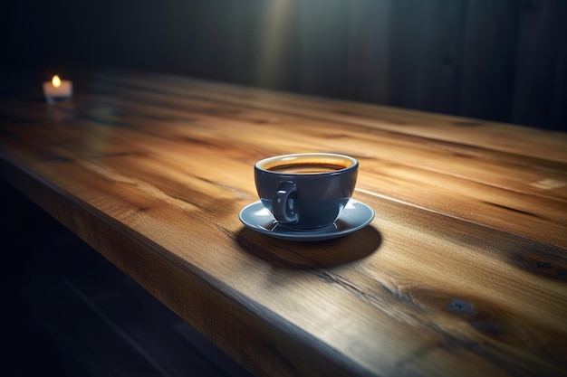 Eine Tasse Kaffee steht auf einem Holztisch in einem dunklen Raum.