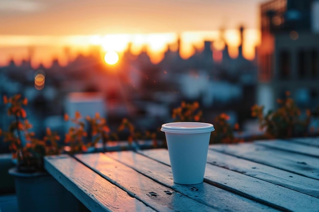 Eine Tasse Kaffee steht auf einem Holztisch