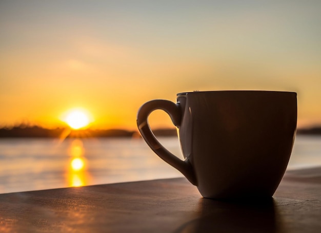 Eine Tasse Kaffee steht auf einem Tisch mit Blick auf einen See, hinter dem die Sonne untergeht.