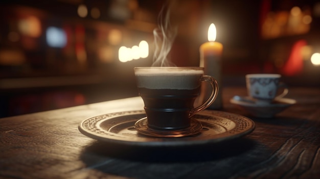 Eine Tasse Kaffee steht auf einem Tisch mit einer Kerze im Hintergrund.
