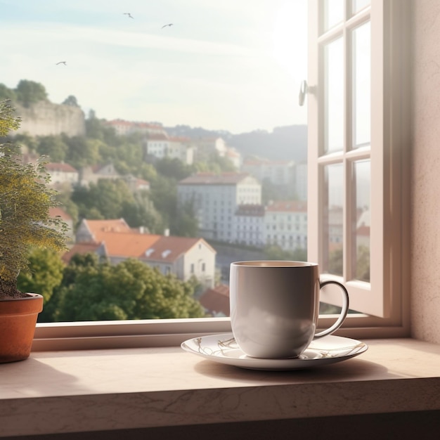 Eine Tasse Kaffee steht auf einem Tisch neben einem Fenster mit Blick auf die Stadt.