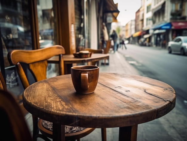 Eine Tasse Kaffee steht auf einem Tisch vor einem Café.