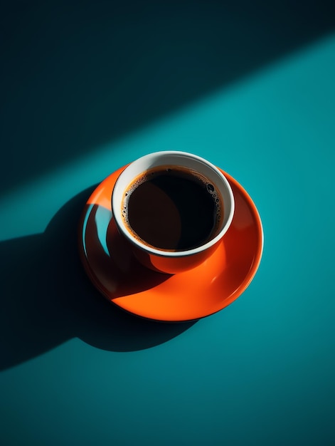 Eine Tasse Kaffee steht auf einer Untertasse mit dem Wort Kaffee darauf.