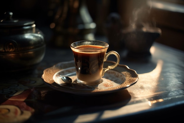 Eine Tasse Kaffee steht auf einer Untertasse mit einer Teekanne im Hintergrund.