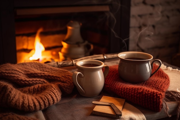 Eine Tasse Kaffee steht mit einem roten Schal auf einem Tisch neben einem Kamin.