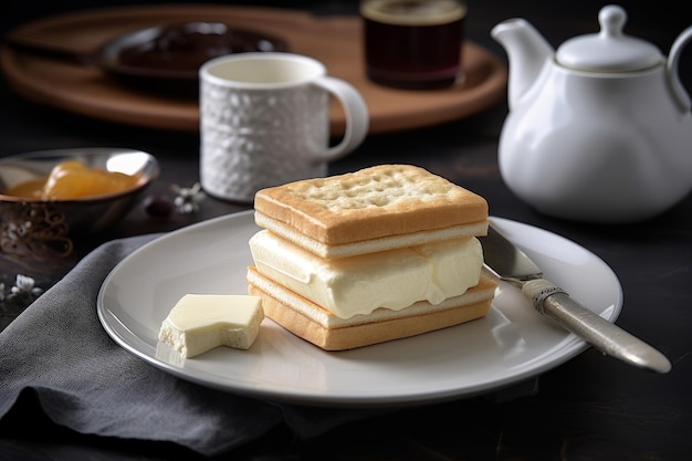 Eine Tasse Kaffee steht neben einem Teller mit Essen.