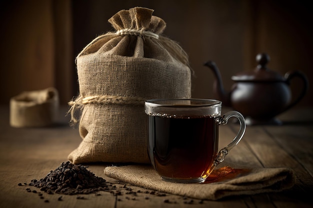 Eine Tasse Kaffee steht neben einer Tüte Kaffeebohnen.