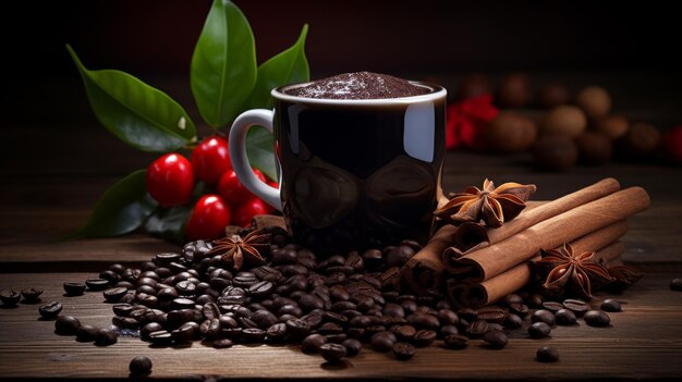 Eine Tasse Kaffee umgeben von Kaffeebohnen und Zimt