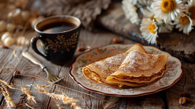 Eine Tasse Kaffee und Crepes auf dem Teller