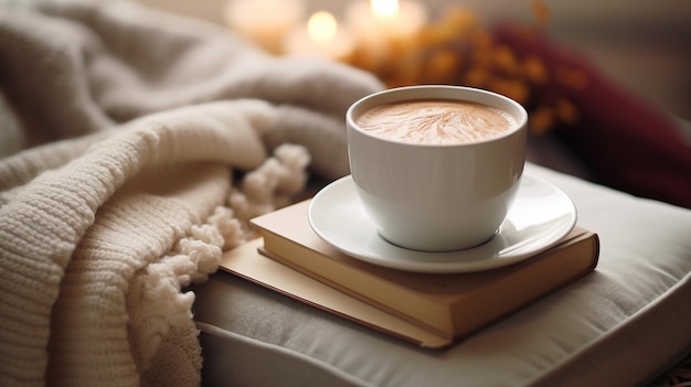 Eine Tasse Kaffee und ein Buch mit Decke zu Hause im Bett