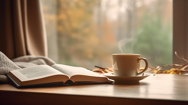 Eine Tasse Kaffee und ein Buch vor einem Fenster mit malerischer Aussicht. Erstellt mit generativer KI-Technologie