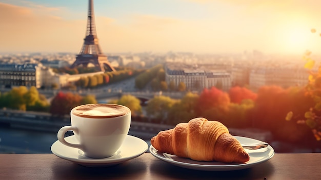 eine Tasse Kaffee und ein Croissant auf einem Tisch