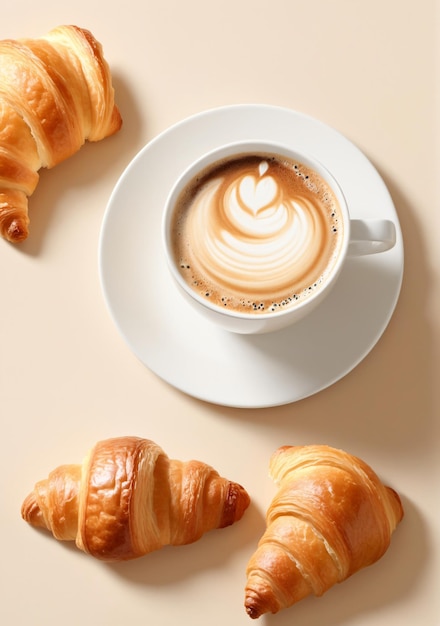 Eine Tasse Kaffee und ein Croissant auf einem weißen Hintergrund