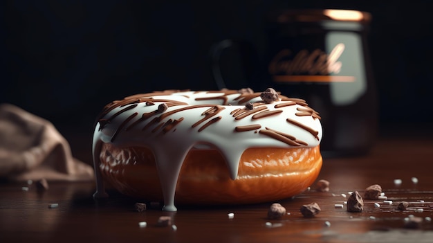 Eine Tasse Kaffee und ein Donut mit Zuckerguss und Schokoladenstückchen