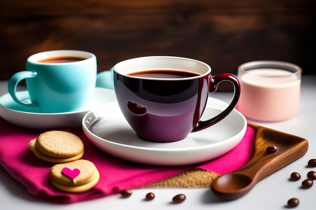 Eine Tasse Kaffee und ein Glas Milch stehen auf einem Tisch mit einem rosa Teller und einem Glas Milch.