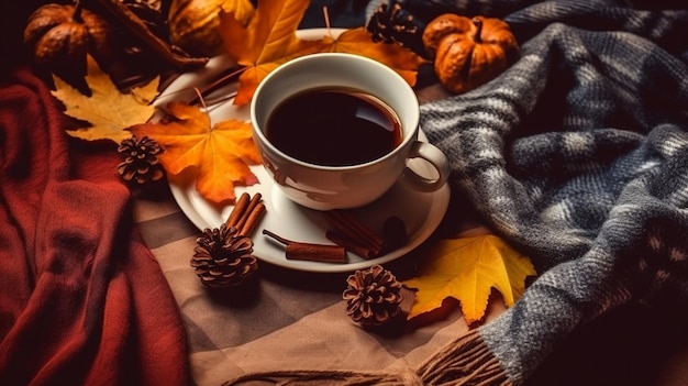 Eine Tasse Kaffee und ein Herbstblatt auf einem Tisch