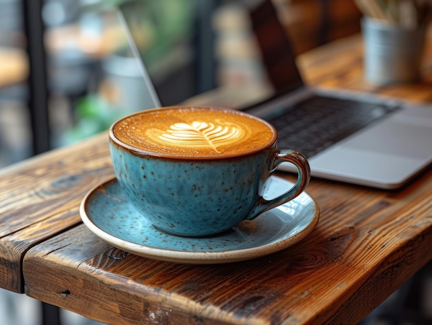 Eine Tasse Kaffee und ein Laptop auf einem Holztisch für Remote-Arbeit