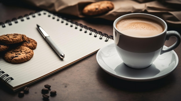 Foto eine tasse kaffee und ein notizbuch auf einem tisch