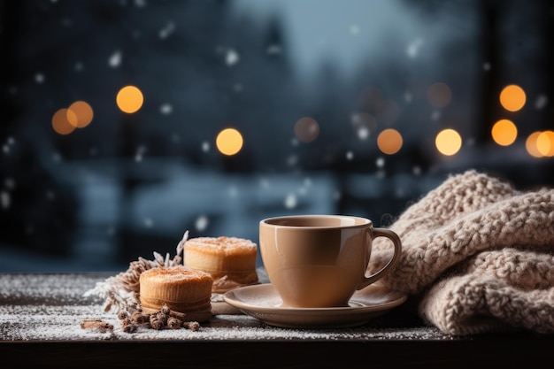 Eine Tasse Kaffee und ein paar Kekse auf einem Tisch Generative KI-Bild