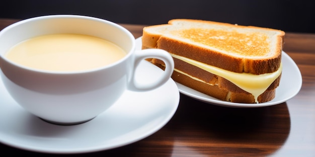 Eine Tasse Kaffee und ein Sandwich auf einem Teller