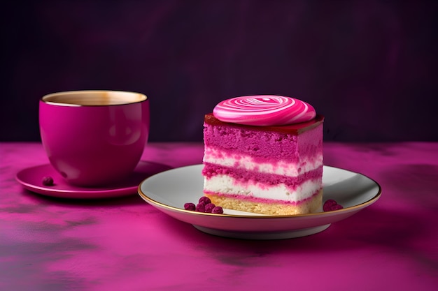 Eine Tasse Kaffee und ein Stück Kuchen auf einem rosa Tisch