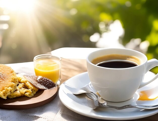 Foto eine tasse kaffee und ein teller kekse mit einer tasse kaffe und einem löffel.