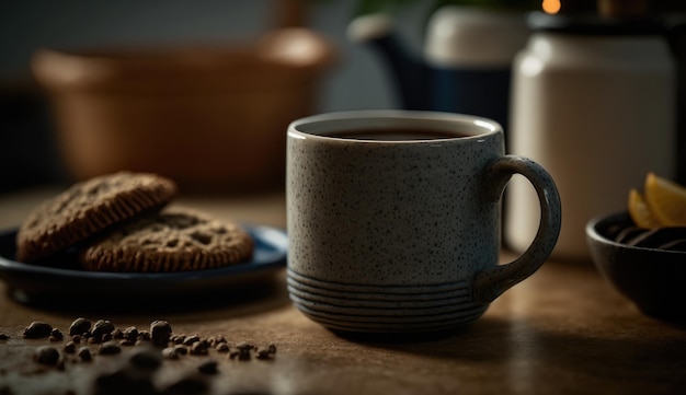 Eine Tasse Kaffee und ein Teller mit Keksen mit einer Kaffeetasse darauf.